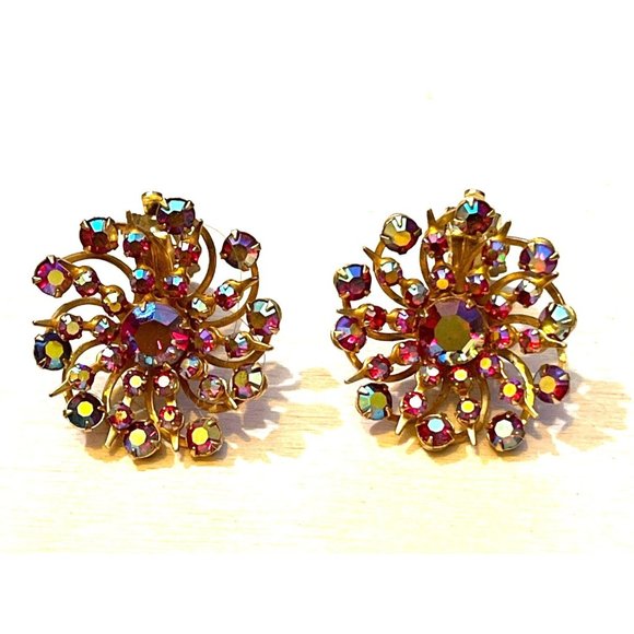 Vintage Gold-tone Sunburst Pattern Aurora Borealis Rhinestone Clip-on Earrings - Picture 1 of 10